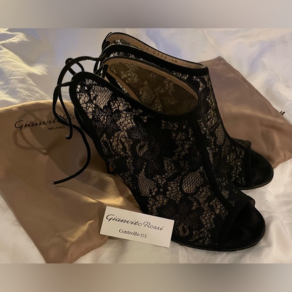 GIANVITO Rossi Suede Trim Black Lace Peep Toe Pumps - Picture 4 of 13